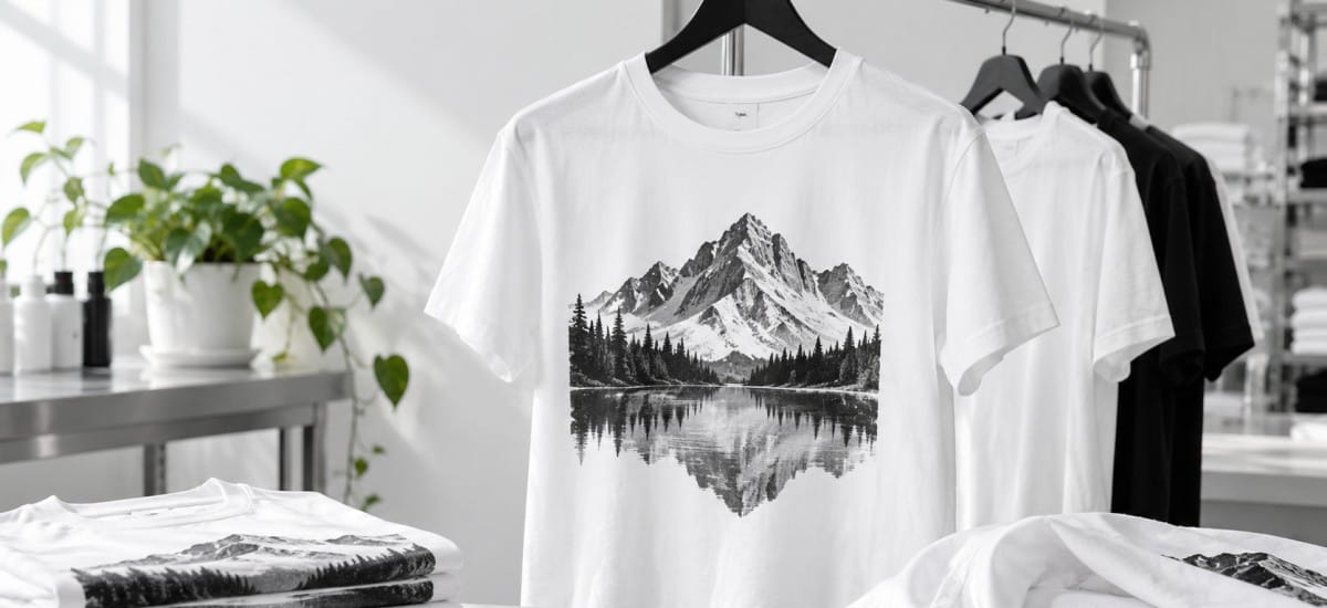 White custom printed T-shirt featuring a detailed mountain design with a smooth, intact print in a bright, minimalist apparel studio.