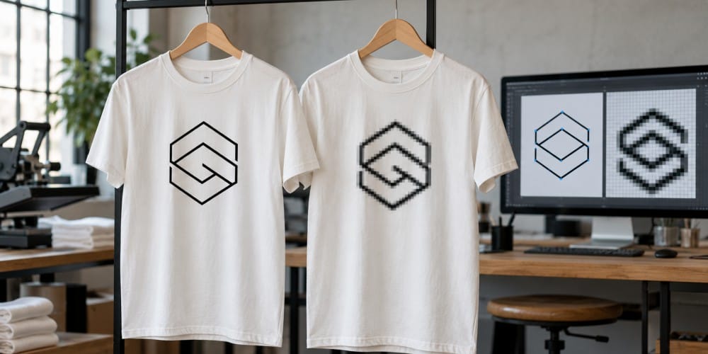 Two white T-shirts showing a sharp vector design versus a pixelated PNG design for custom T-shirt printing in Vancouver