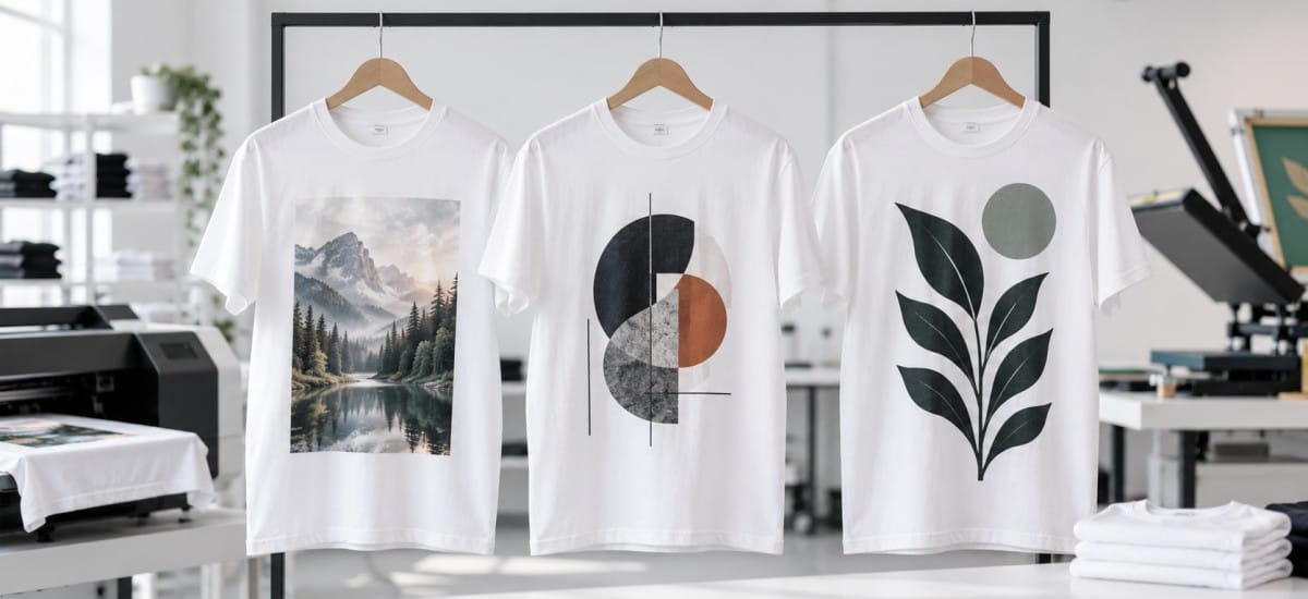 Three white custom T-shirts featuring a detailed photographic print, a geometric design, and a bold botanical graphic, illustrating DTG, DTF, and screen printing styles.