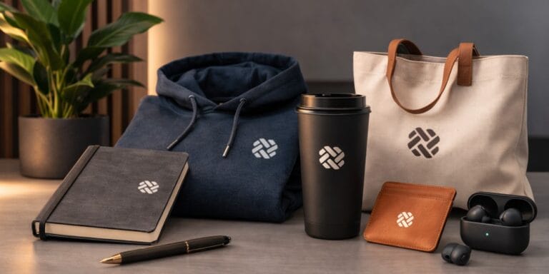 Branded company merchandise laid out for an employee swag programme