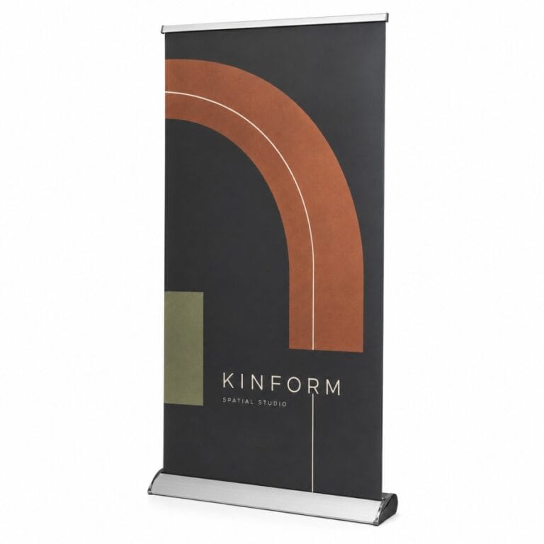Premium retractable banner with wide weighted aluminum base and modern KINFORM artwork
