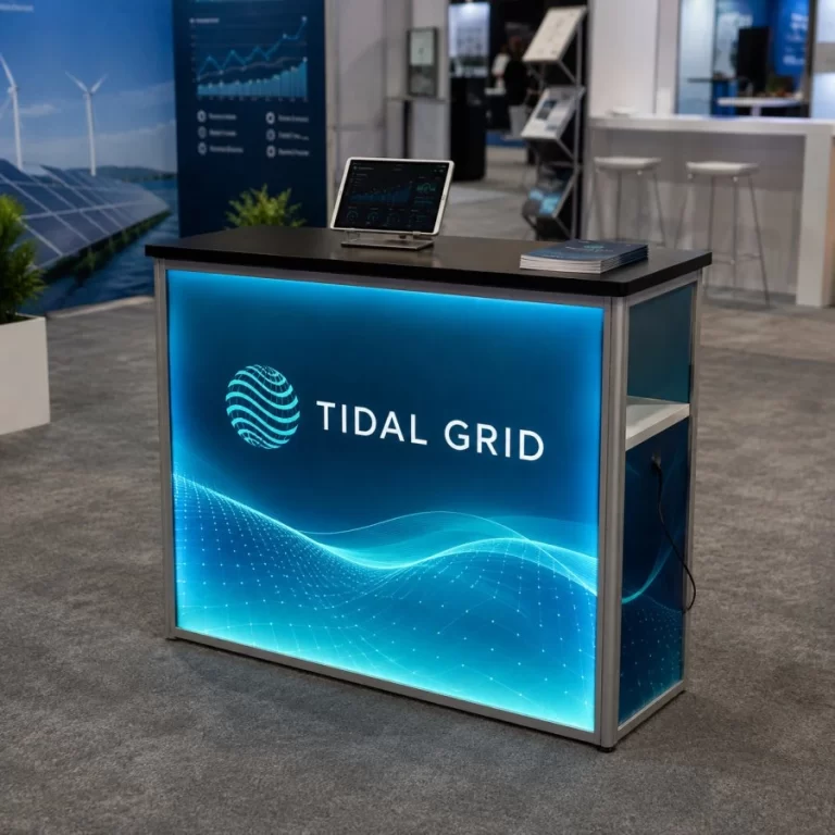 Backlit SEG trade show counter with custom graphics at a Vancouver technology expo