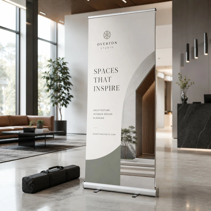 Basic retractable banner with aluminum base and custom printed graphic in a modern office lobby