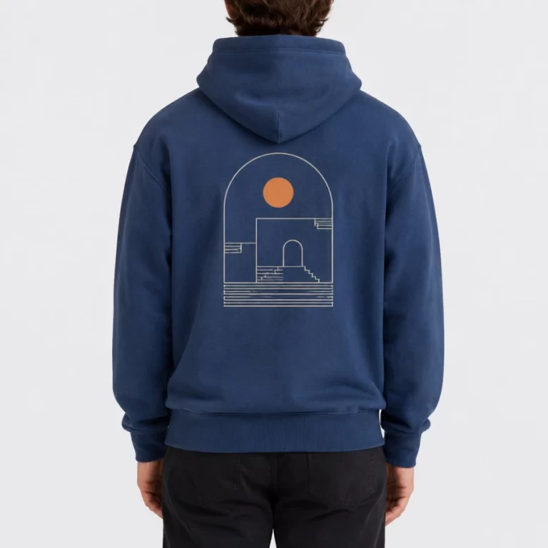 Blue custom pullover hoodie with a minimalist geometric print on the upper back