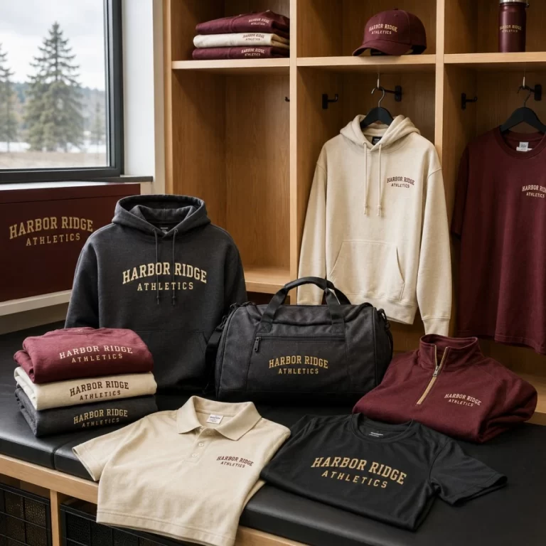 Branded team apparel including hoodies, polos, shirts and a duffel bag in a Vancouver team room