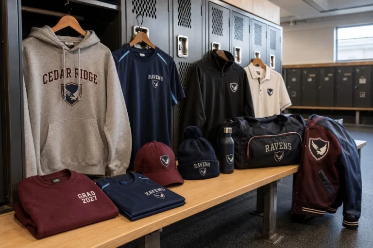 Custom printed and embroidered school and team apparel displayed in a modern locker room