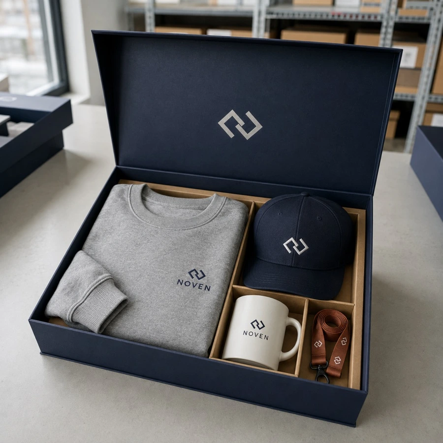 Corporate merch program items arranged together for a Vancouver company order