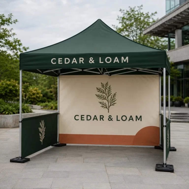 Custom printed canopy tent with back and half walls at a Vancouver outdoor market
