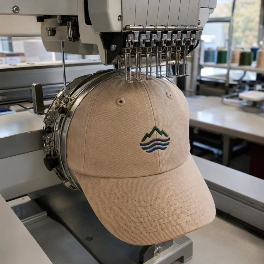 Custom cap embroidery in progress at a professional Vancouver embroidery shop