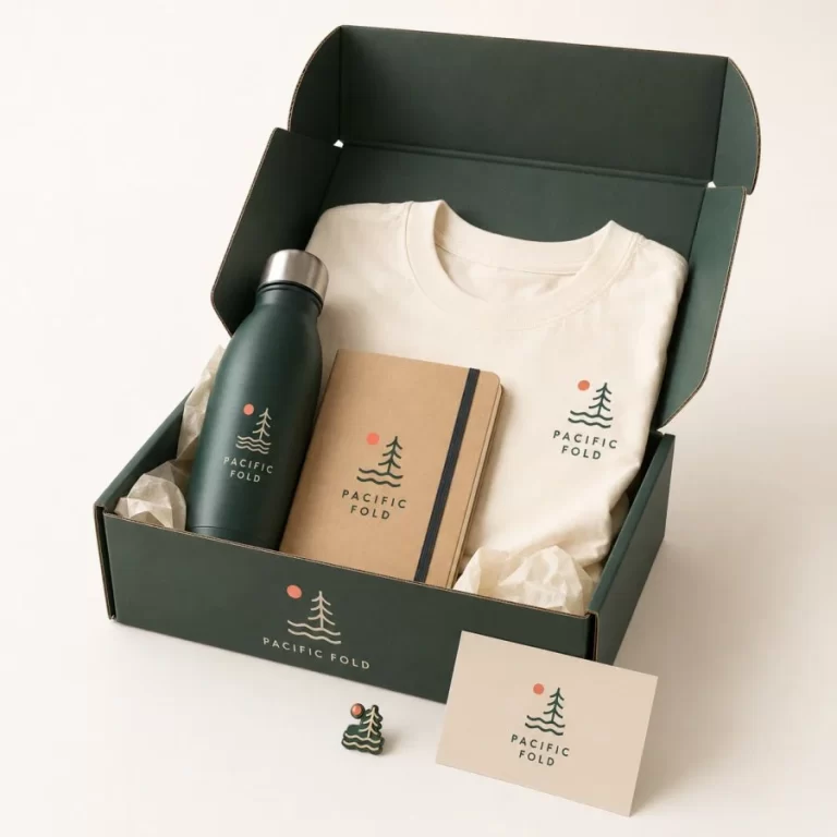 Custom branded corporate swag box with apparel, bottle and notebook