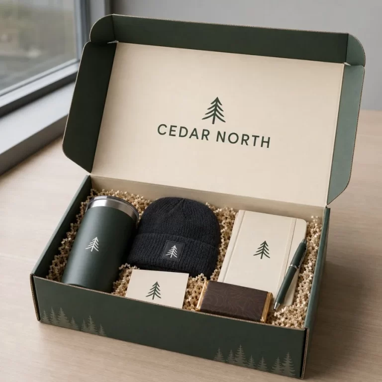 Custom corporate swag box with branded welcome gifts in Vancouver