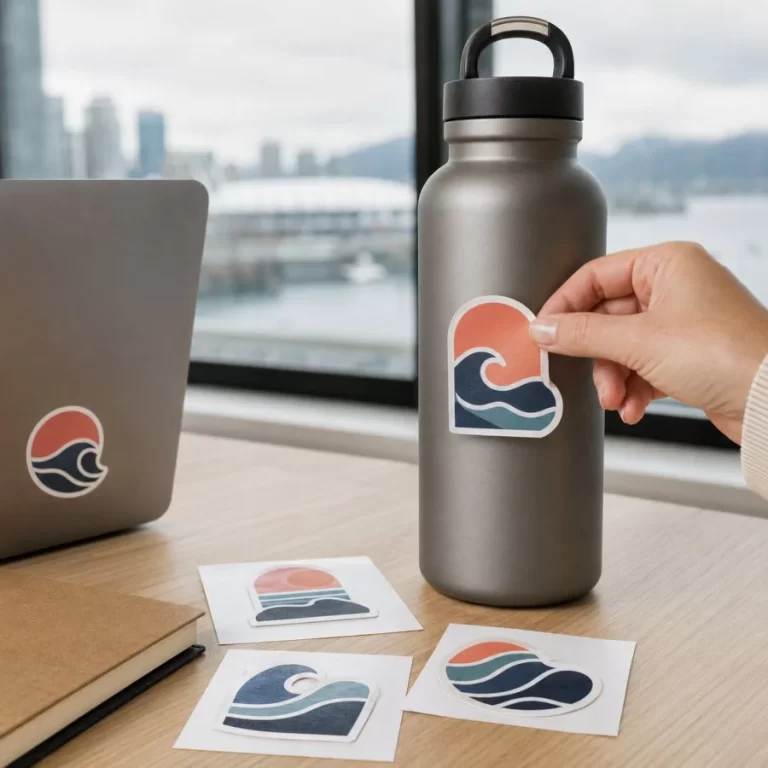 Custom die-cut swag stickers applied to a water bottle and laptop in Vancouver