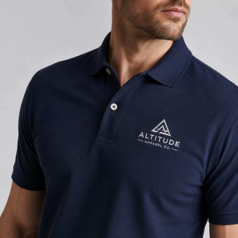 Custom embroidered navy polo shirt with professional chest logo for corporate uniforms