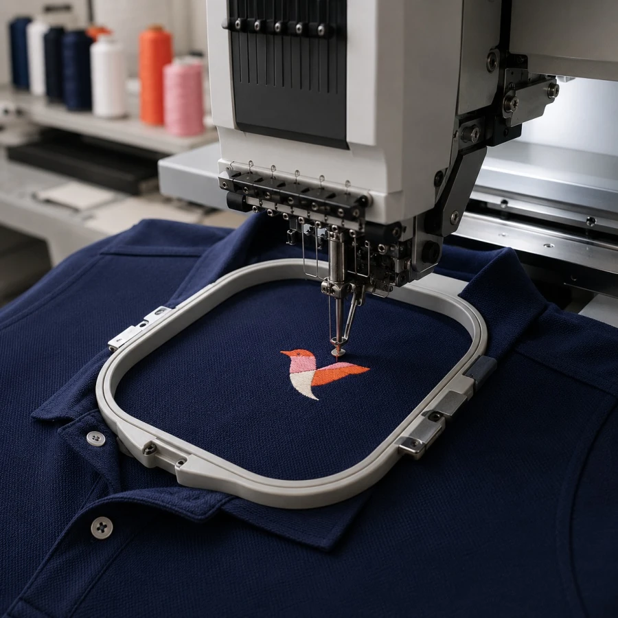 Professional custom embroidery on a navy polo shirt in Vancouver