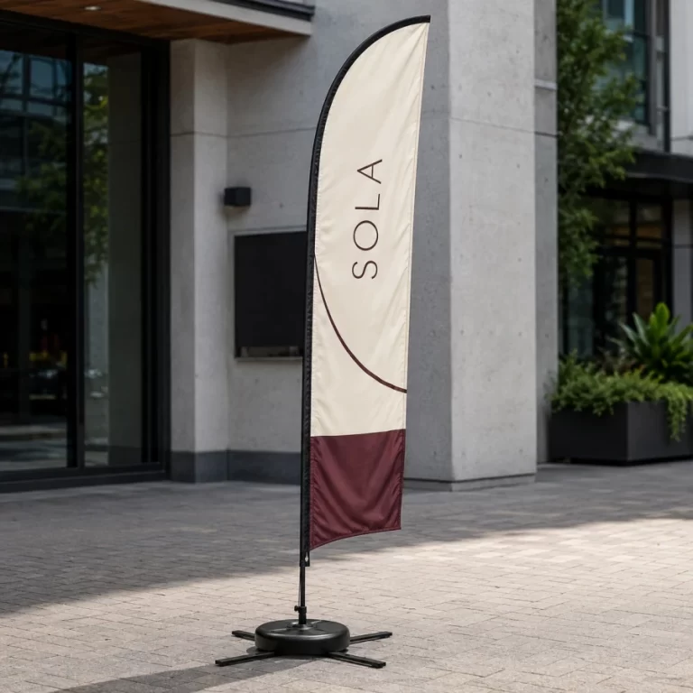 Custom feather flag kit outside a modern Vancouver storefront