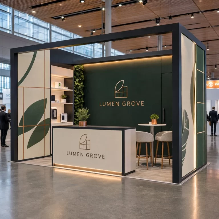 Custom modular trade show booth with branded walls and reception counter in Vancouver