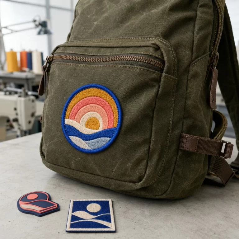Colourful custom embroidered, PVC and woven patches in a Vancouver production studio