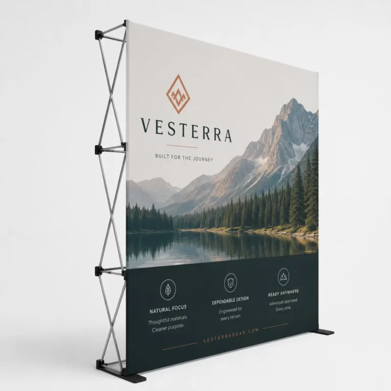 Custom pop up display with printed fabric graphic and portable expandable trade show frame