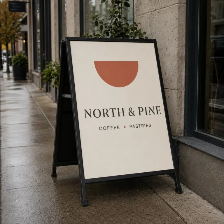 Custom printed sandwich board outside a Vancouver coffee shop