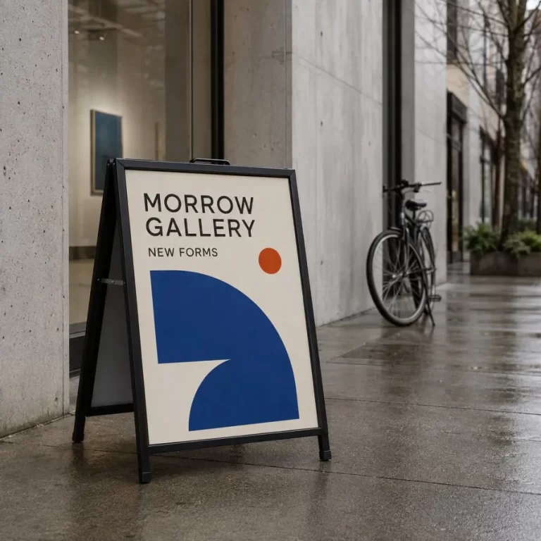 Custom printed sandwich board outside an art gallery in Vancouver