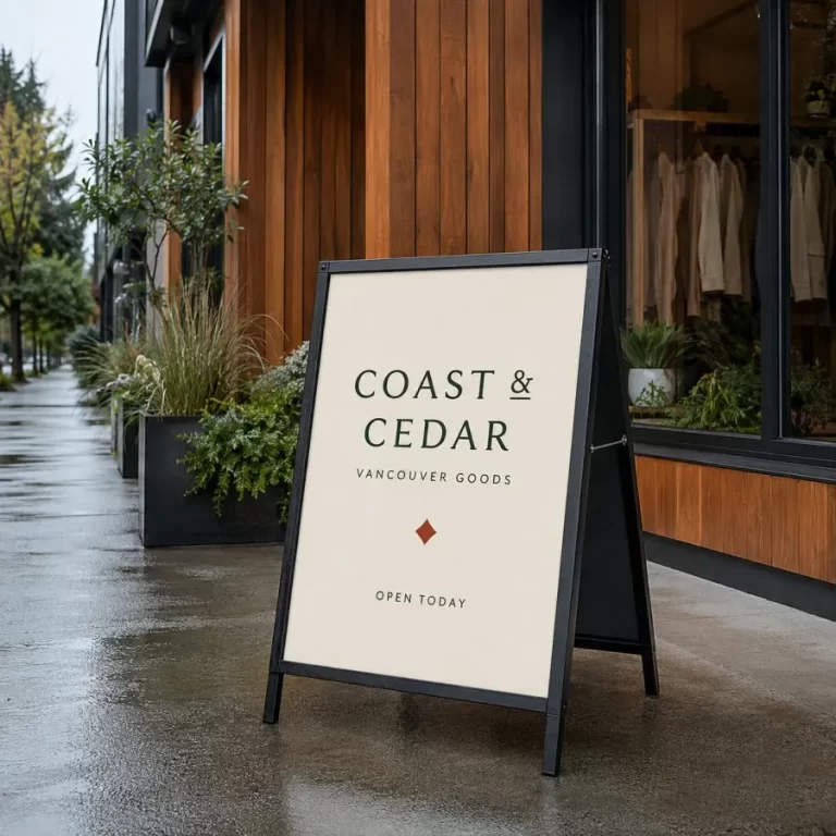 Custom printed sandwich board outside a boutique in Vancouver