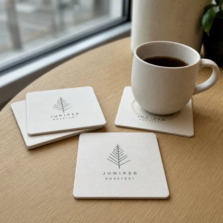 Custom printed square coaster boards for a Vancouver coffee shop