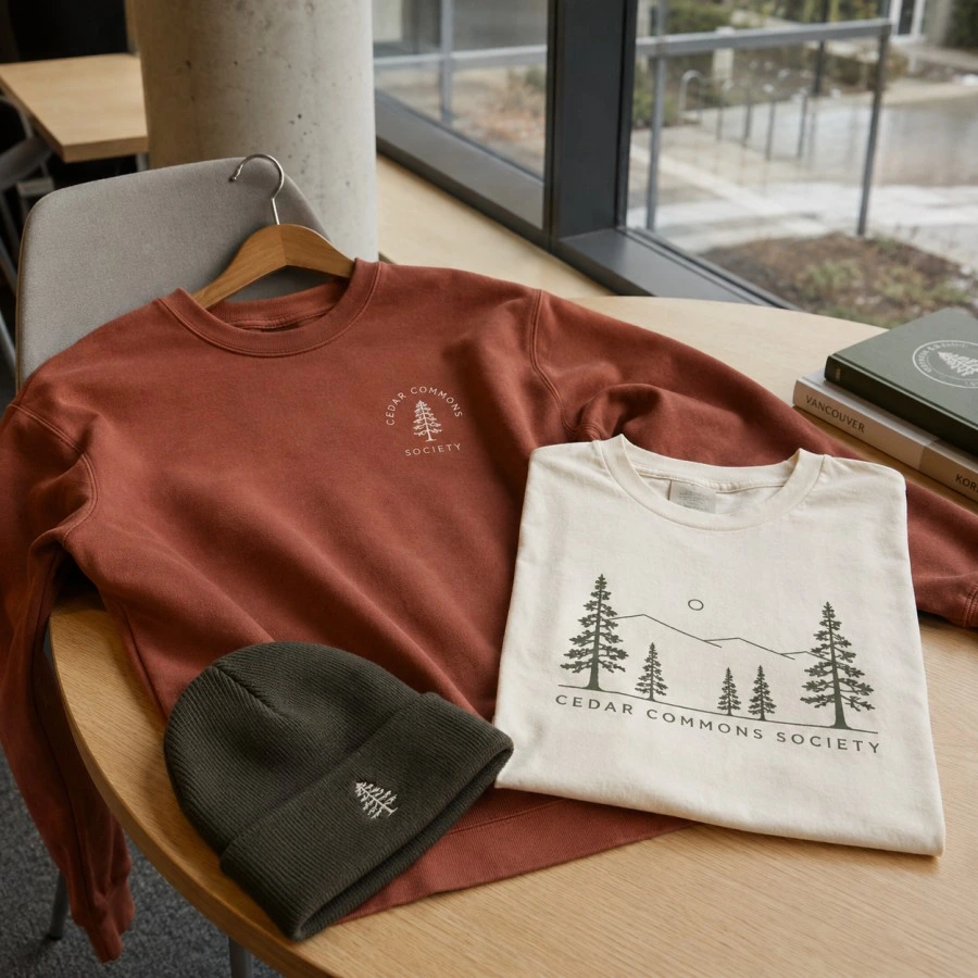 Custom student club sweatshirt, T-shirt and beanie displayed in a Vancouver campus setting