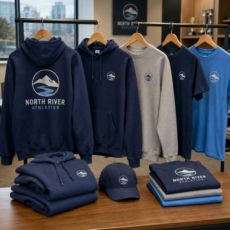 Custom team apparel collection with hoodies, shirts and cap for a Vancouver athletics organization