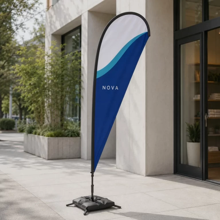 Custom teardrop flag kit outside a modern Vancouver business