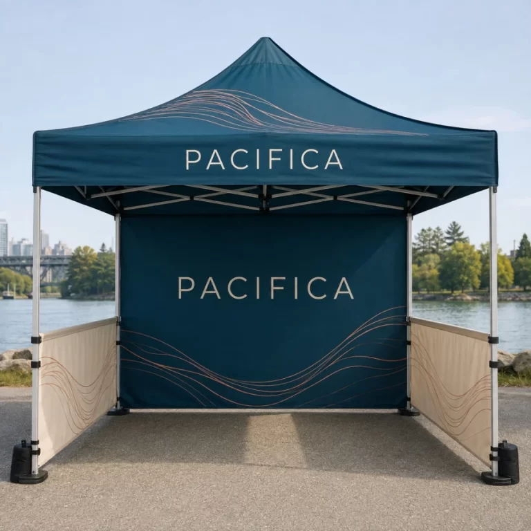 Front view of a custom printed canopy tent kit at a Vancouver waterfront event