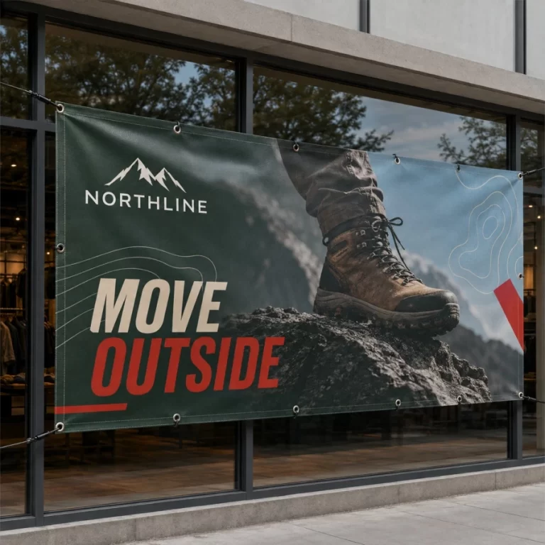 Custom vinyl banner with reinforced hems and metal grommets installed outside a modern storefront