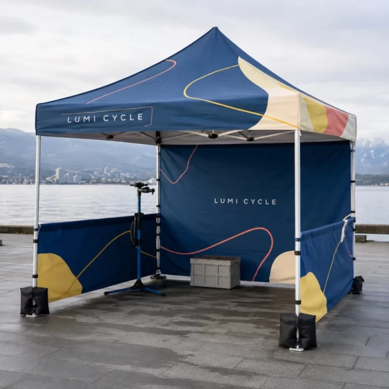 Custom printed canopy tent at a waterfront cycling event in Vancouver