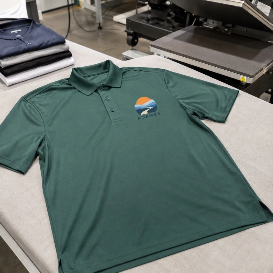 Custom DTF printed performance polo shirt produced in Vancouver