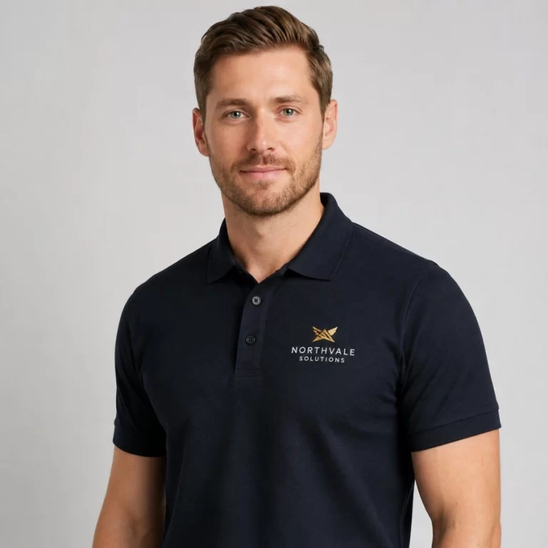 Close-up of custom embroidered polo shirt with detailed chest logo and premium fabric