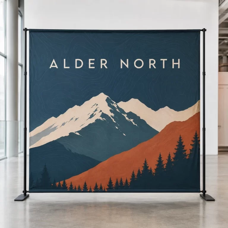 Front view of a custom expandable display kit at a Vancouver trade show