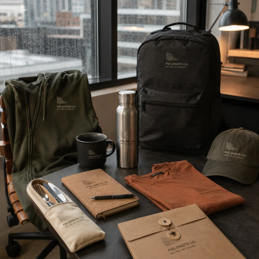 Sustainable corporate merchandise collection with recycled apparel, backpack, reusable drinkware and eco-friendly accessories