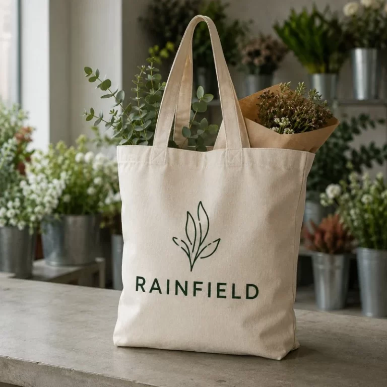Custom printed canvas tote bag with flowers at a Vancouver florist