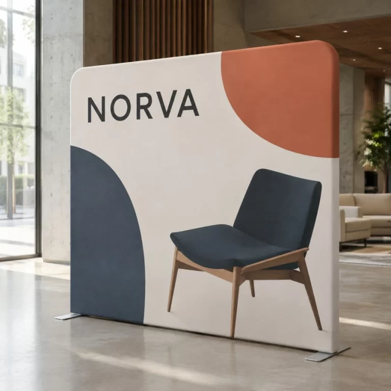 Minimal straight tension fabric display for a Vancouver furniture expo