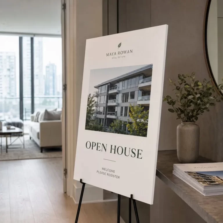 Custom printed foam board for an indoor realtor open house in Vancouver