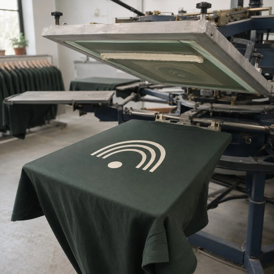 Minimal one-colour screen printing on a forest green T-shirt in Vancouver