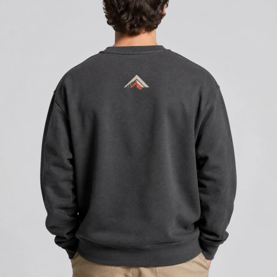 Charcoal custom crewneck sweatshirt with a minimalist upper-back print on a light grey background