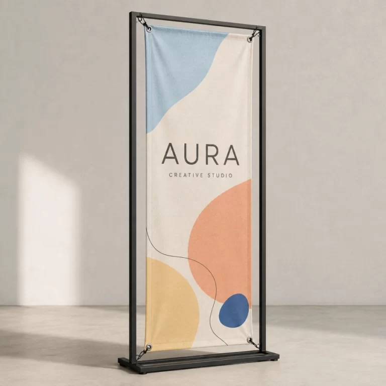 Light minimalist vertical fabric banner with four corner grommets in a neutral studio setting
