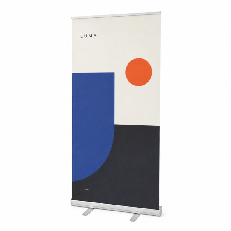 Modern LUMA basic retractable banner with two stabilizing feet on a white background