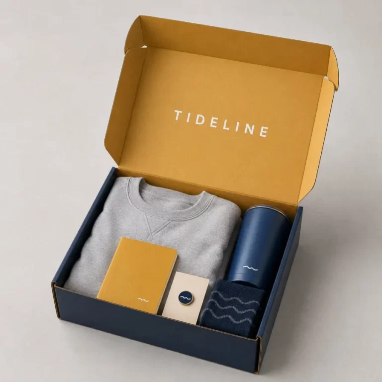 Custom navy corporate swag box with branded apparel and welcome gifts