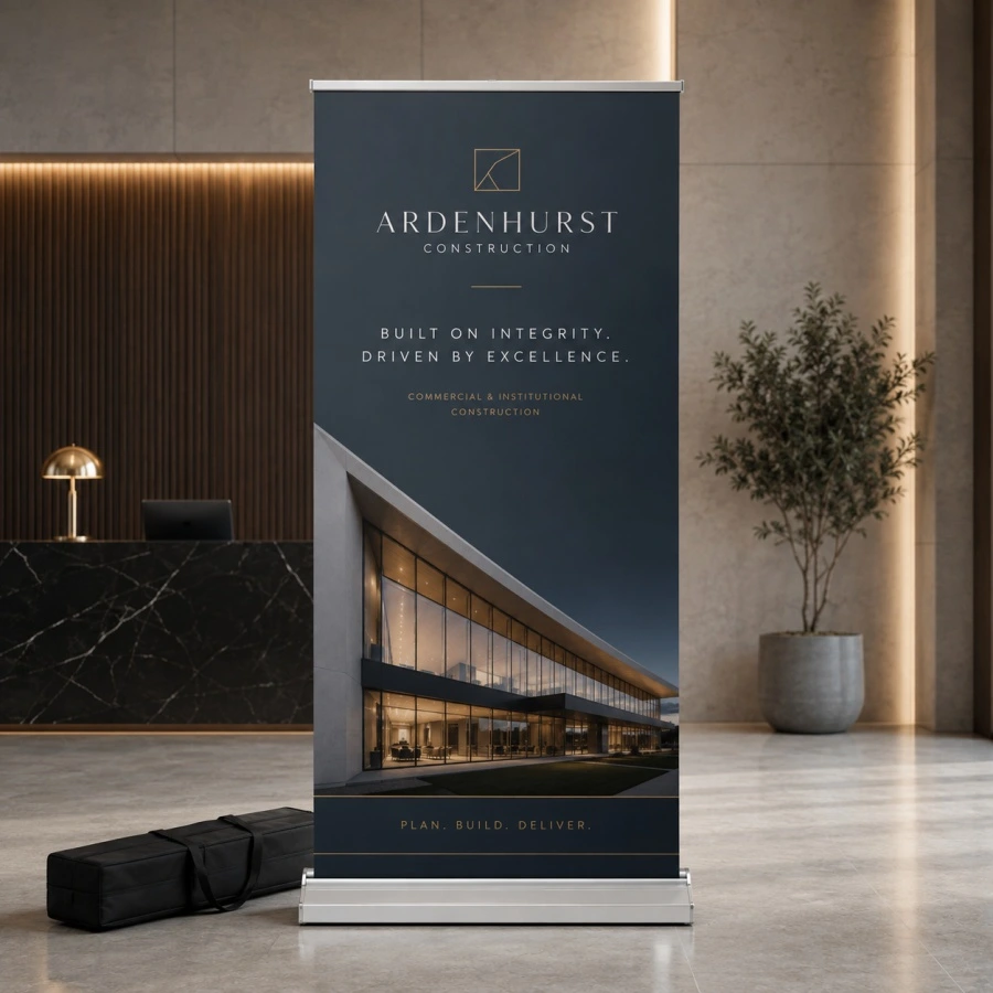 Front view of a premium retractable banner with wide aluminum base and custom printed graphic