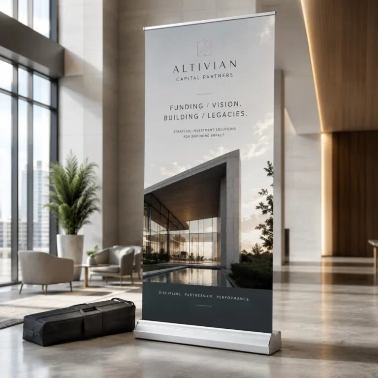 Premium retractable banner with wide weighted aluminum base and custom printed graphic
