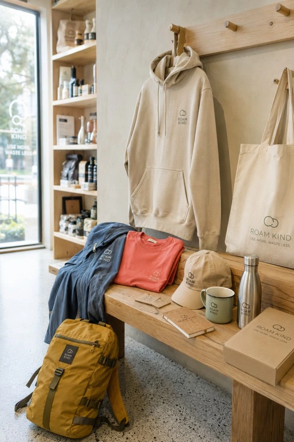 Eco-friendly branded merchandise collection with sustainable apparel, reusable accessories and recycled backpack