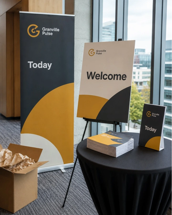 Rush event printing setup with retractable banner, welcome board, table runner and branded materials in Vancouver