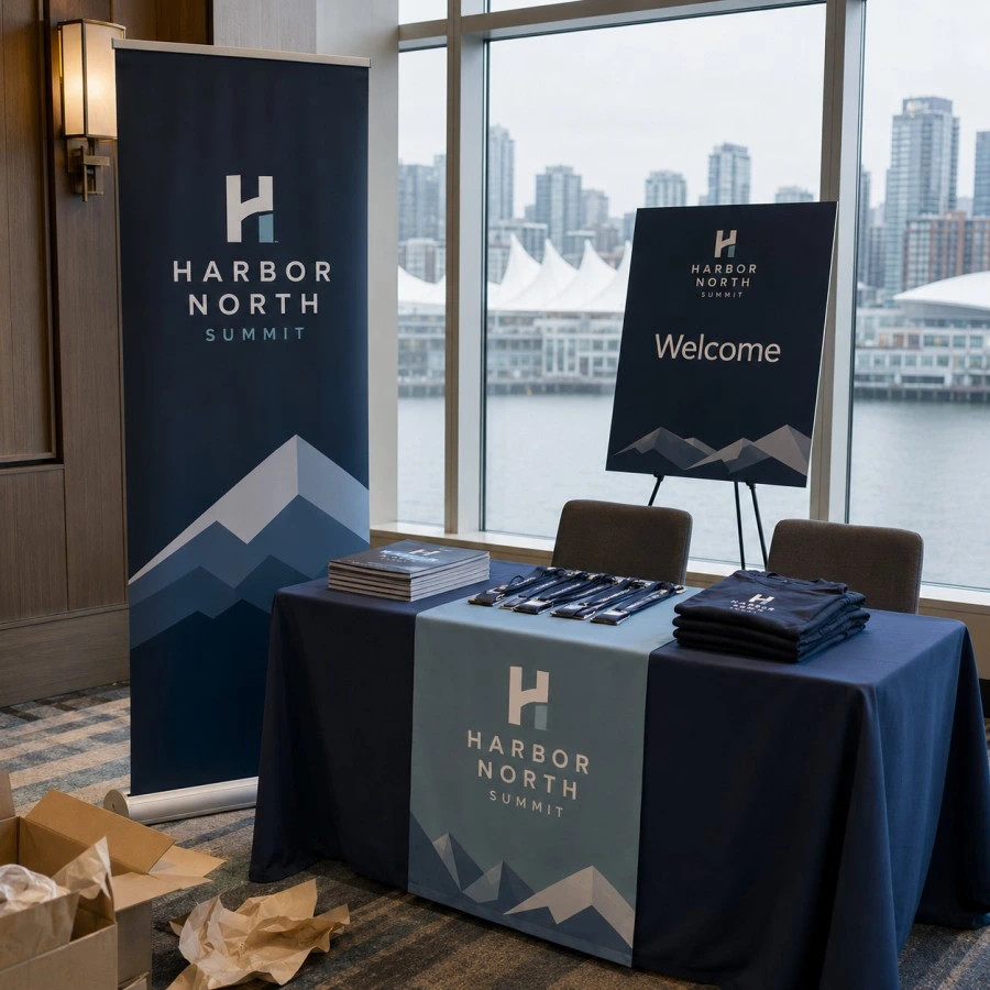 Rush event printing setup with retractable banner, welcome board, table runner and branded materials in Vancouver
