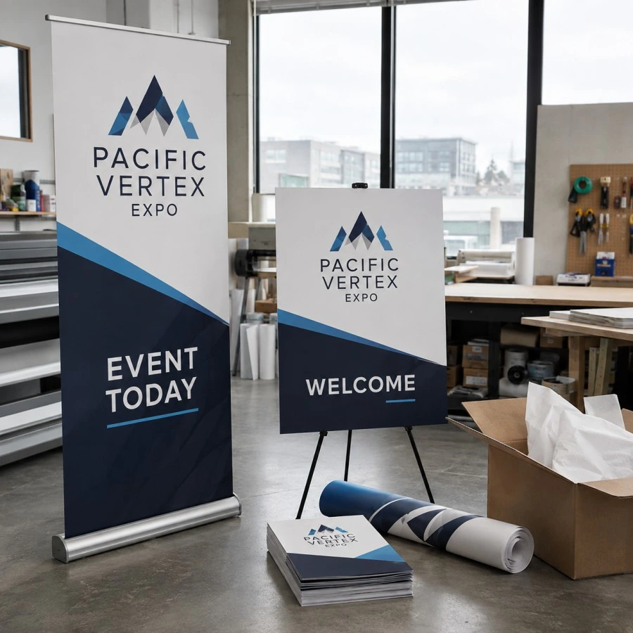 Rush printed banner, event sign, brochures and branded materials prepared for a Vancouver event